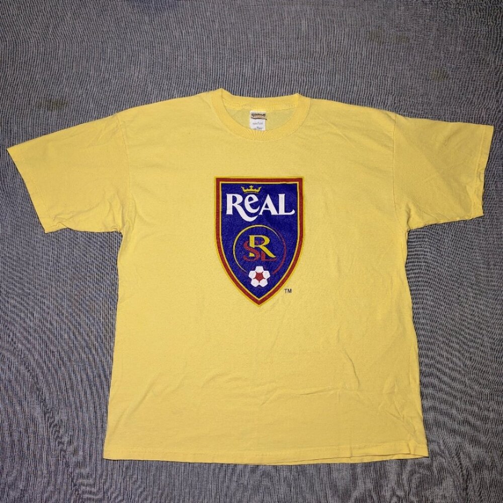 VINTAGE Salt Lake City REAL Soccer T-Shirt‎ Size XL Pastel Yellow Crew SLR Logo
